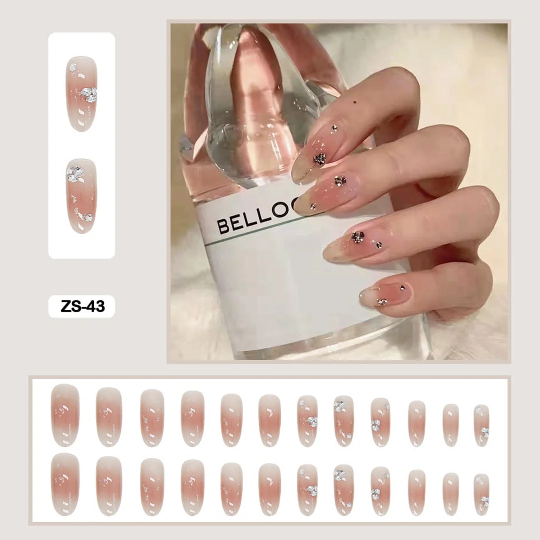 24pcs Artificial Diamond Gradient Fake Nails With Glue Lovely Pink Flesh-colored Nail Art Fake Nails Long With Wearing Tools-Nail Inspo
