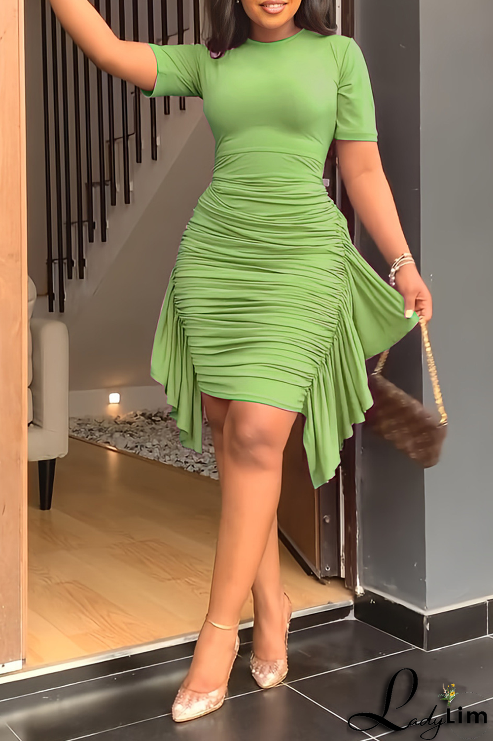 Yellow Fashion Solid Flounce Fold O Neck Pencil Skirt Dresses