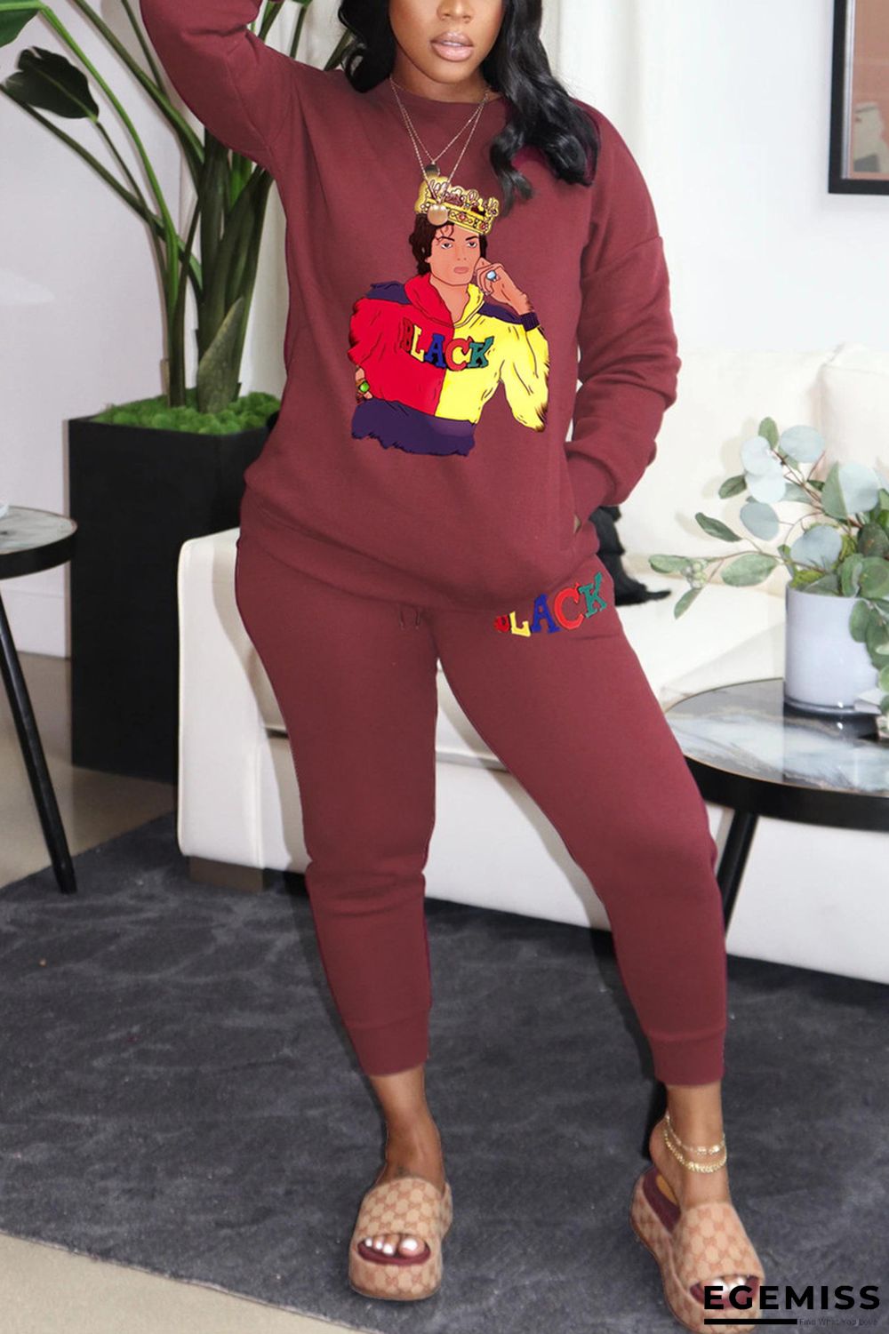 Wine Red Fashion Casual Print Basic O Neck Long Sleeve Two Pieces | EGEMISS