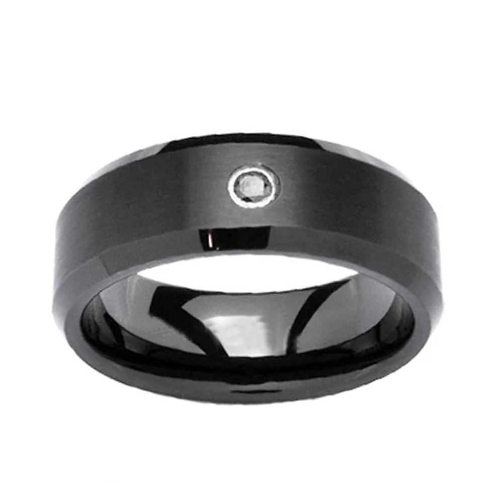 Mens Black Tungsten Carbide Ring Zircon Inlaid 8mm Top band