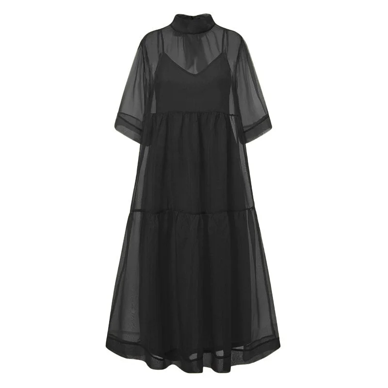 Women Bohemian Dress 2021 VONDA Sexy Short Sleeve High Neck See Through Lace Party Dress And Slip Dress Two-piece  Robe