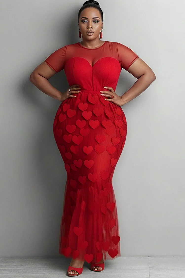 Xpluswear Design Plus Size Valentines Red Graphic Round Neck Short Sleeve See Through Mermaid Tulle Maxi Dresses 2024 - Xpluswear