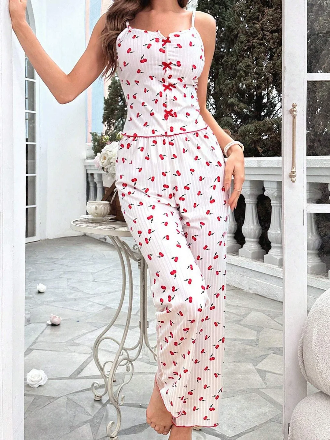 Uveng 2024 Printed Color Impact Printing Mesh Home Clothes Front Lint Front Lint Hanging Pajamas Set
