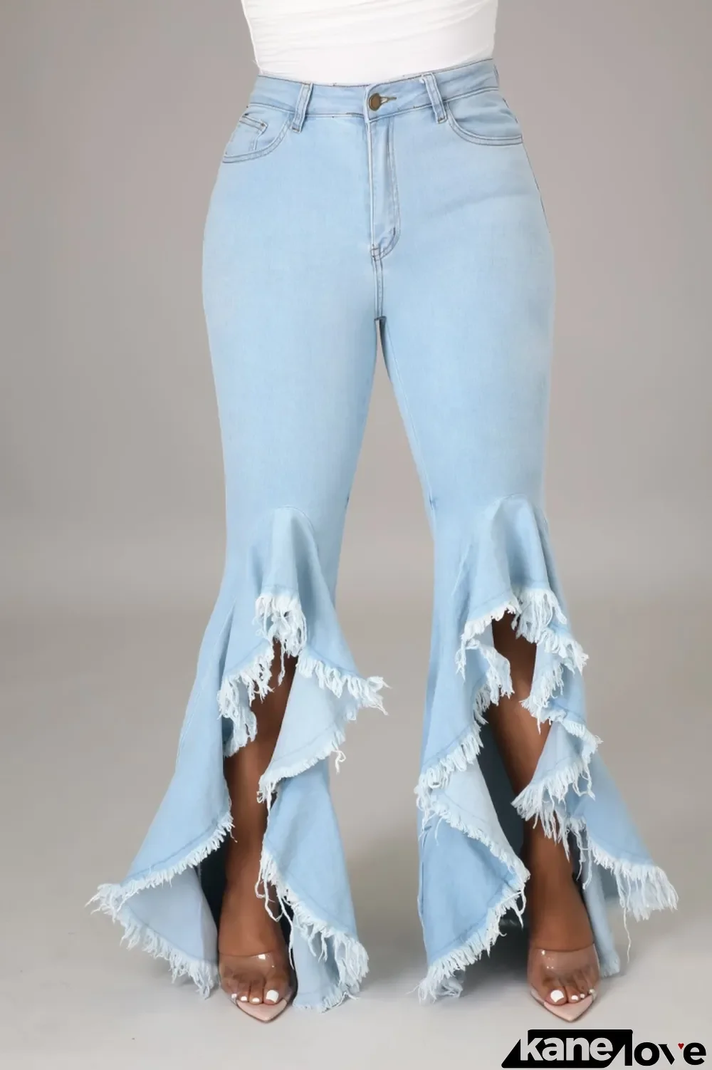 Winter Light Blue High Waist Bell Bottom Ruffle Jeans