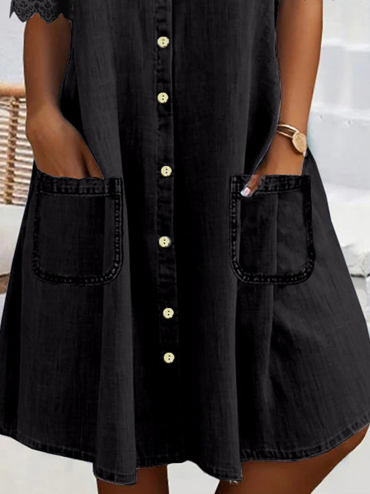 Women Short Sleeve Shirt Collar Solid Button Pockets Lace Denim Midi Dress