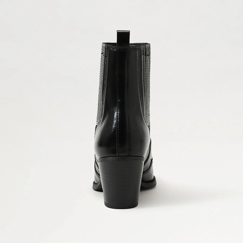 Black Faux Leather Pointed Toe Stitching Western Boots for Women