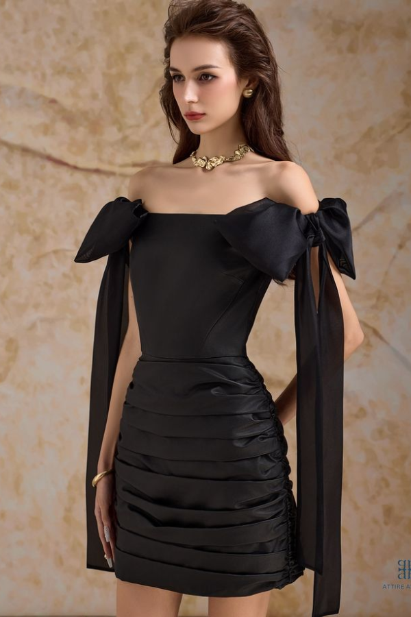 Ovlias Chic Black A-line Off-Shoulders Pleated Leather Homecoming Dress HC0188
