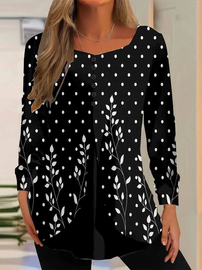 Women Floral,Polka Dot,Black DZGG8268 Long Sleeve Scoop Neck Printed Graphic Button Fake 2in1 Tops