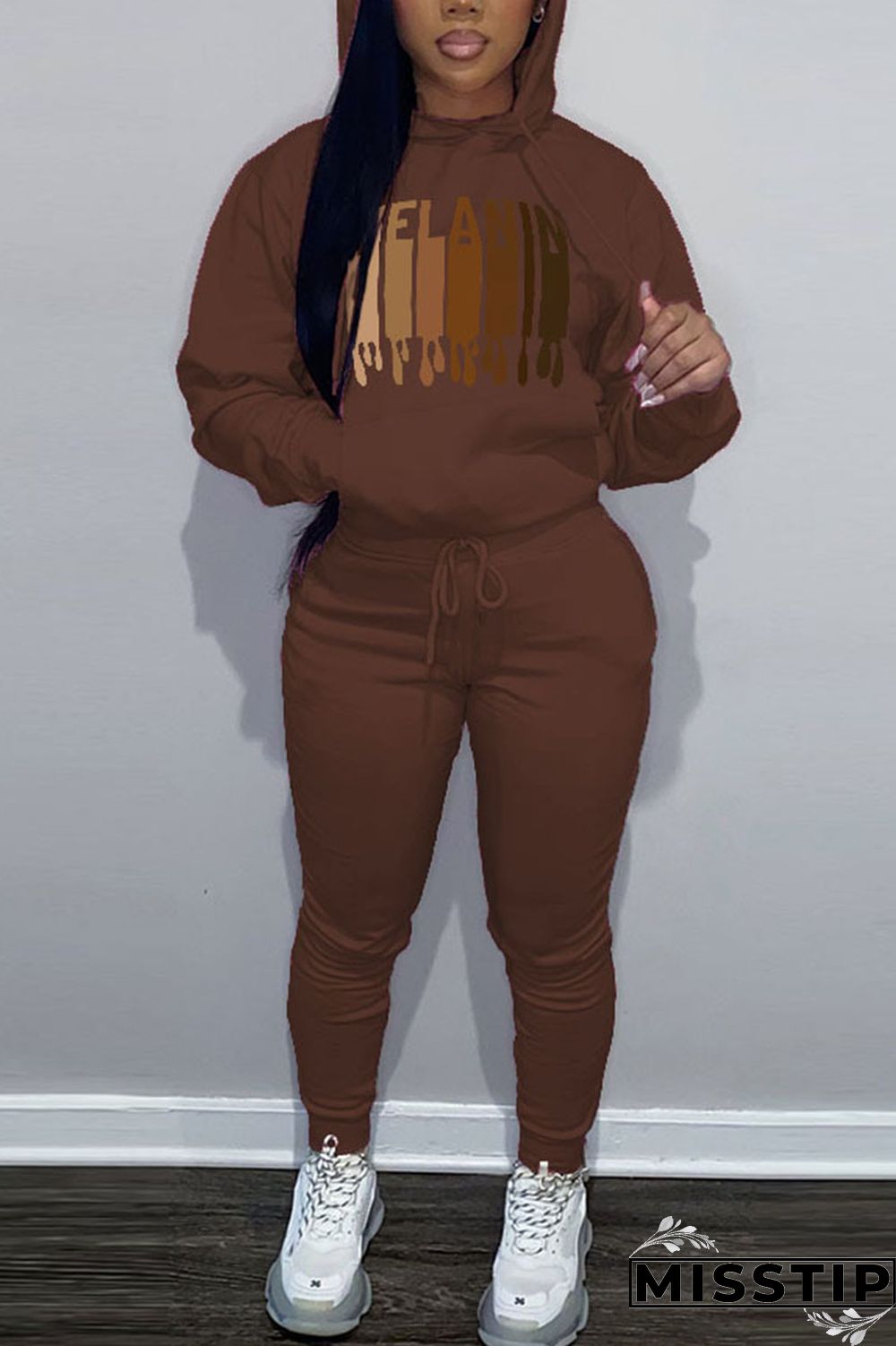 Brown Casual Print Patchwork Hooded Collar Long Sleeve Two Pieces