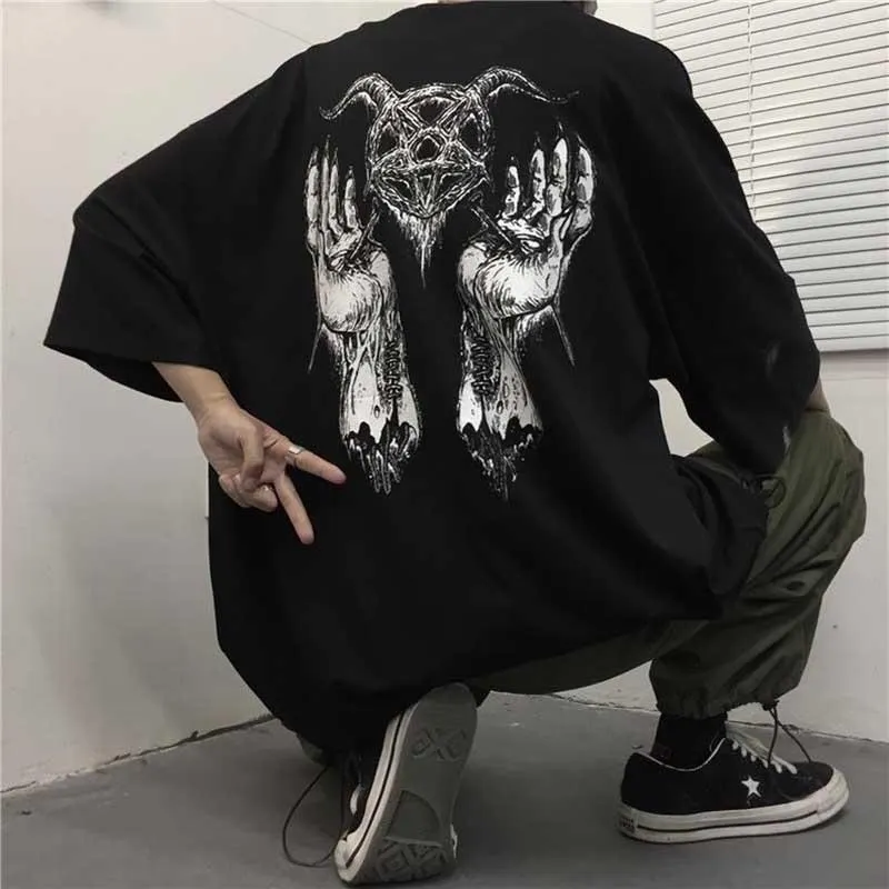 NiceMix  Girls Harajuku Loose Short Sleeve Women T-shirts Devil Star Hand Print Women T Shirt Crew Neck Lady T-shirt Top Tees 1118