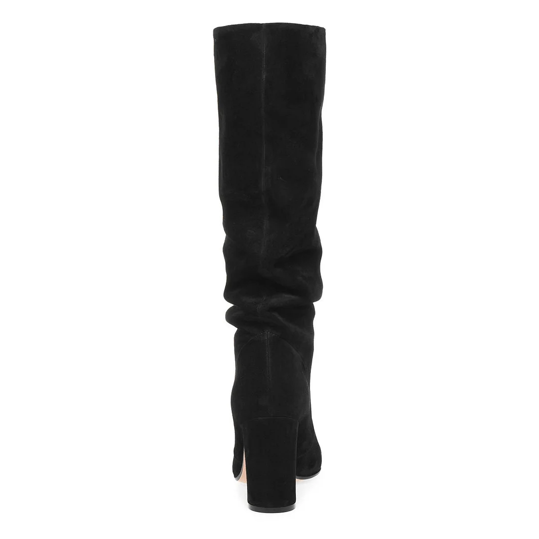 Black Vegan Suede Chunky Heel Round Toe Slouch Knee High Boots