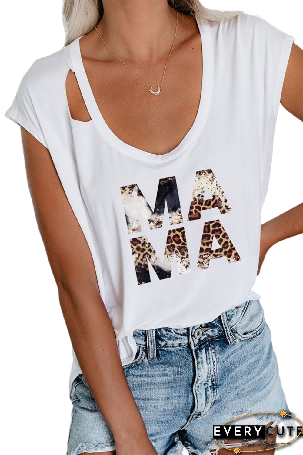 White MAMA Leopard Print Ripped Cap Sleeve Graphic T-shirt
