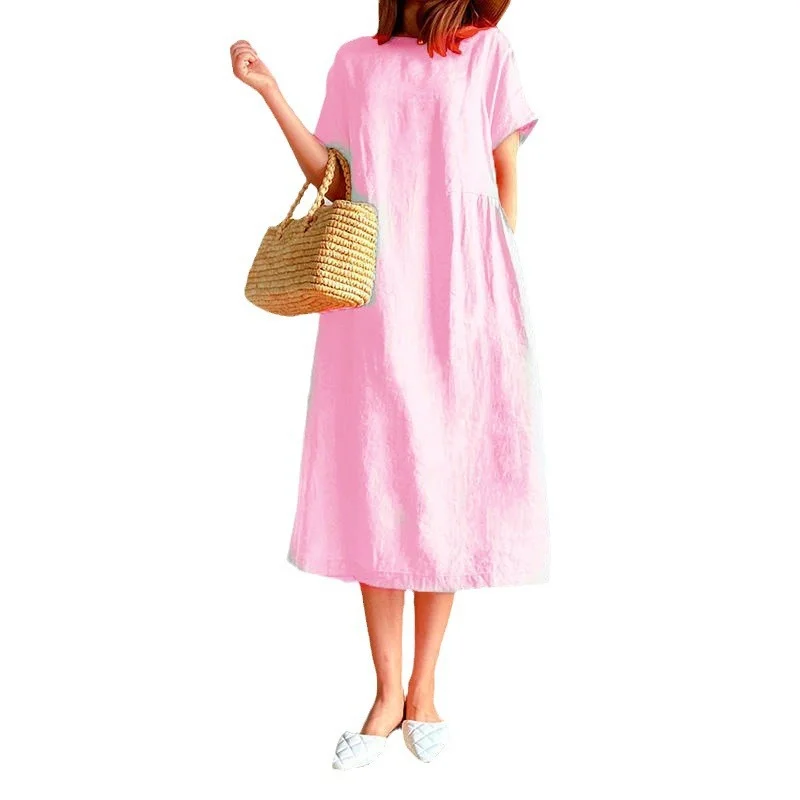 Nigikala Nigikala New Leisure Spring And Summer Loose Skirt Short Sleeve Round Neck Solid Cotton Linen Dress