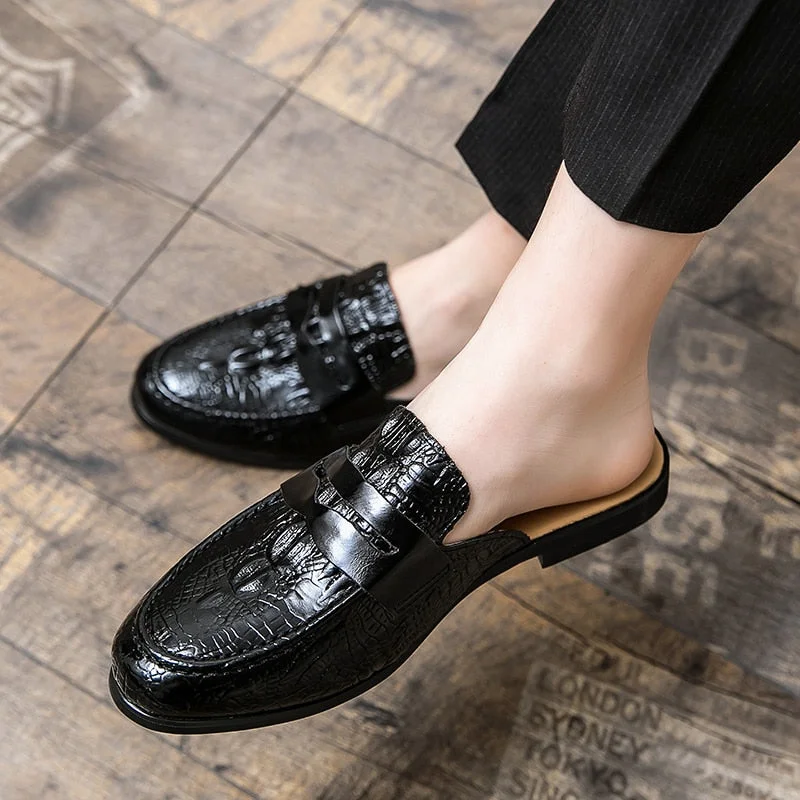 2022 Summer Men Mules Outdoor Leather Casual Shoes Breathable Half Slippers Crocodile Pattern Man Half Shoes Man Penny Loafers