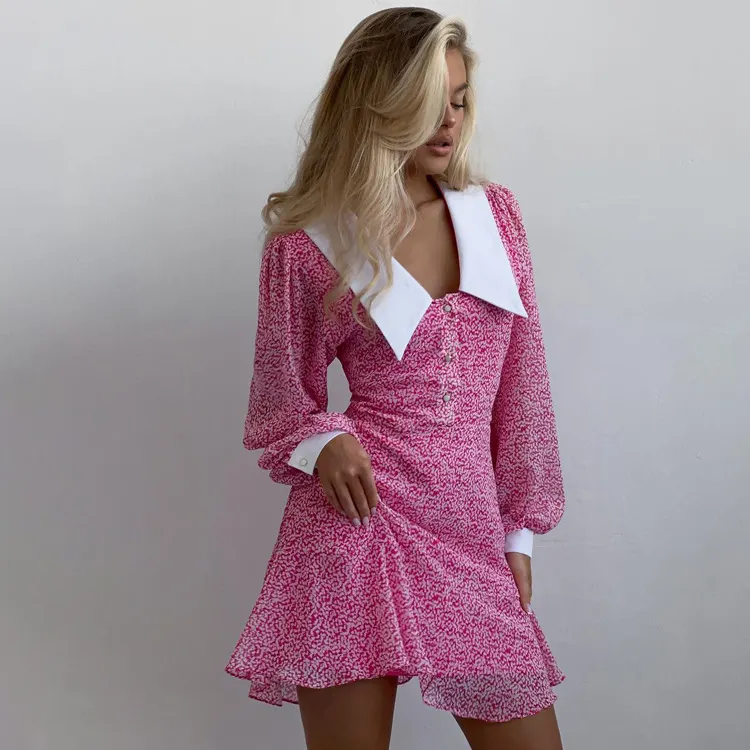 Churchf Churchf Early Autumn New Doll Collar Long Sleeves Show Thin A-Line Skirt Temperament Fashion Print Dress