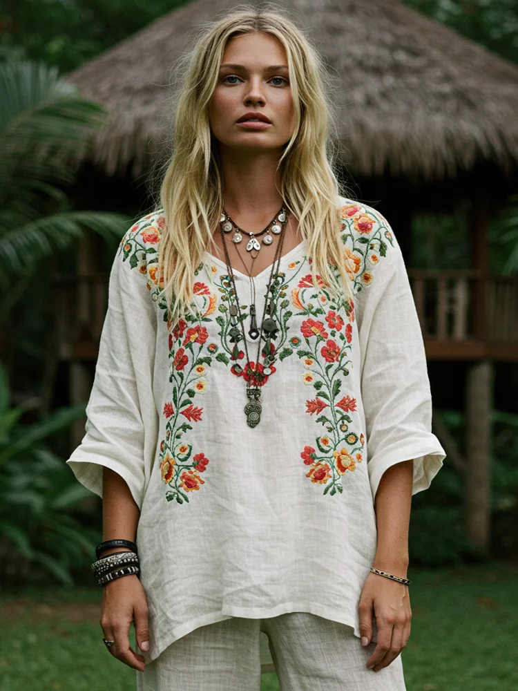Retro Bohemian Floral Embroidery Art Graphics Cotton And Linen Blend Loose Blouse