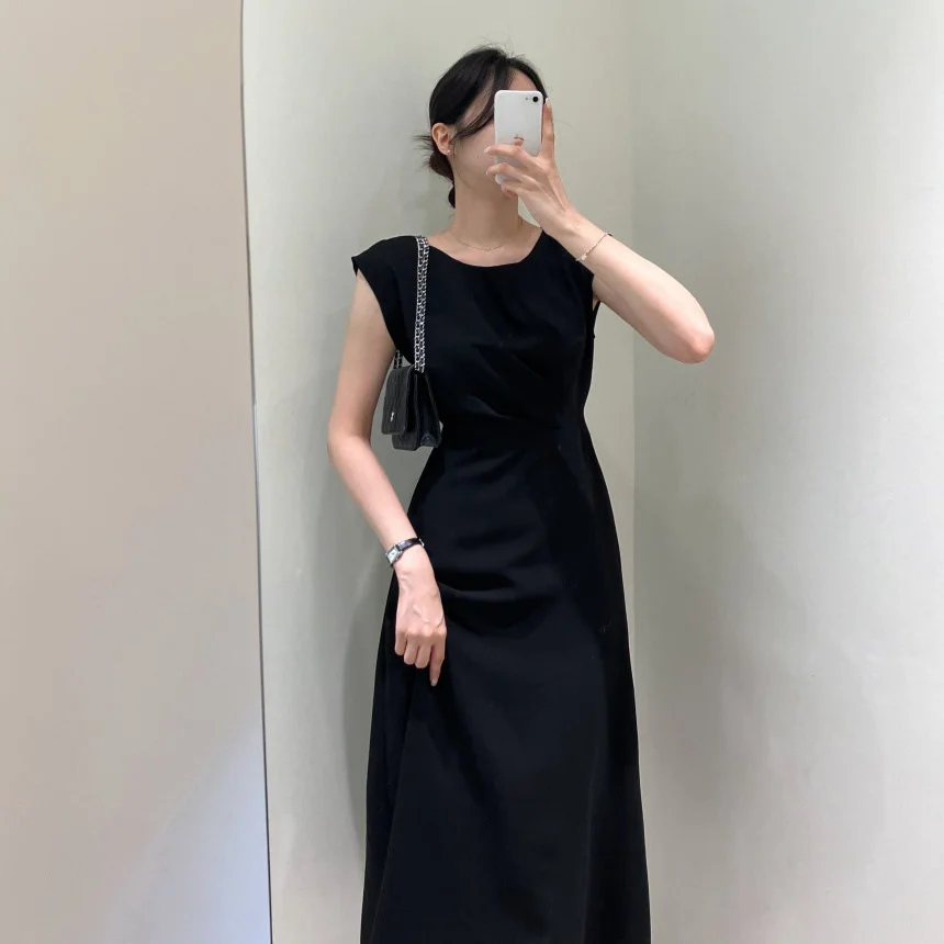 Ueong Ueong Chic Retro Elegant Lady Temperament Simple Pleated High Waist Belt Closed Waist Show Thin Dress