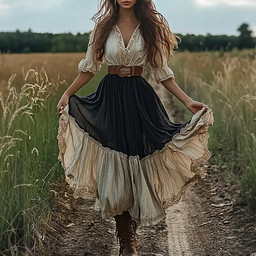 Women's Vintage Summer Western Style Contrast Maxi Dress