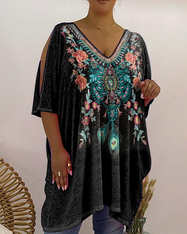 V-Neck Loose Floral Print T-Shirt