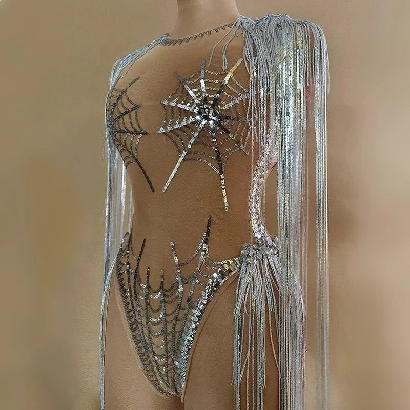 VCSHOES Shinning Sequins Tassel Sliver Backless Halter Sheath Dress Evening Party Performance Costume Nightclub Singer Dancer Stage