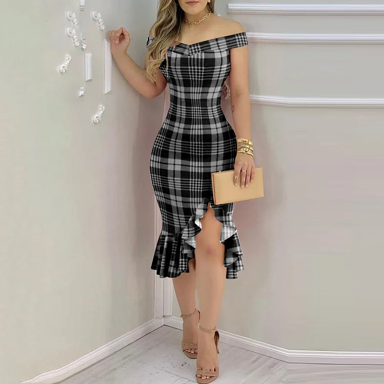 Sexy Plaid Off Shoulder Ruffles Elegant Dress