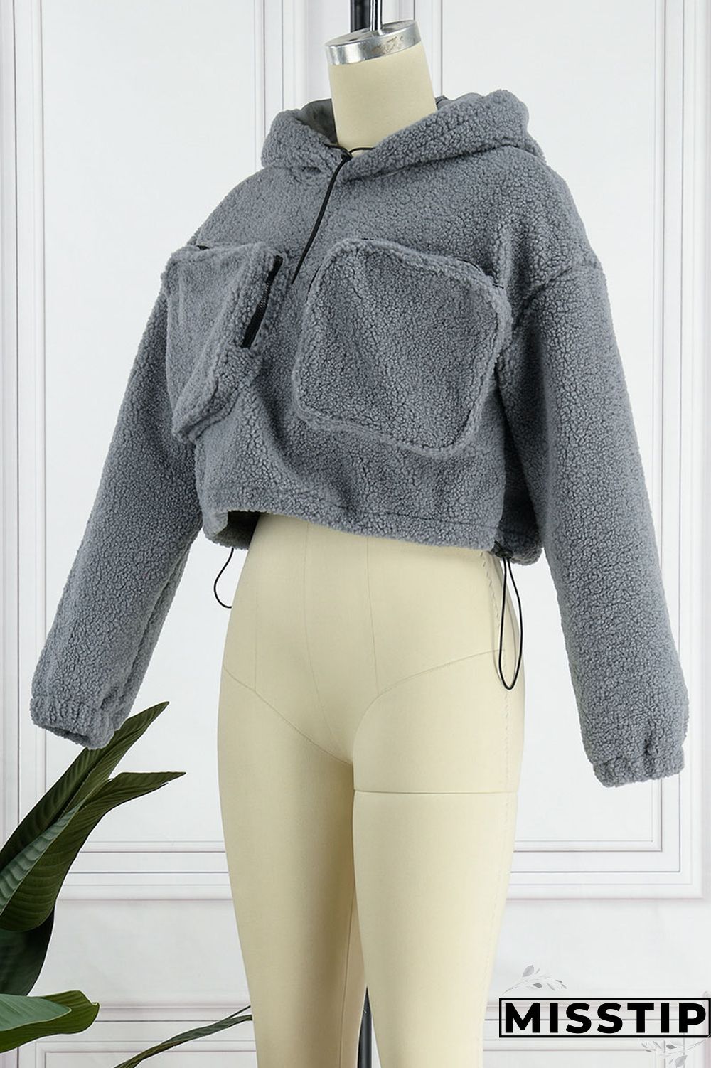 Grey Casual Solid Patchwork Pocket Hooded Collar Tops