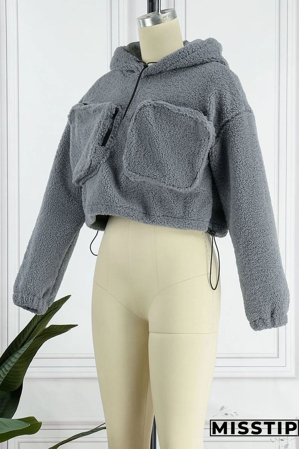 Grey Casual Solid Patchwork Pocket Hooded Collar Tops