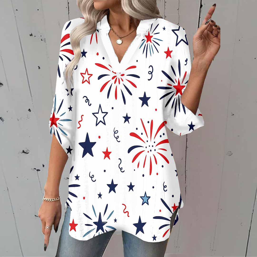 Women  Independence Day, Star, Striped, Blue, Red DZGA0231 3/4 Sleeve V-neck Printed Graphic Button Tops