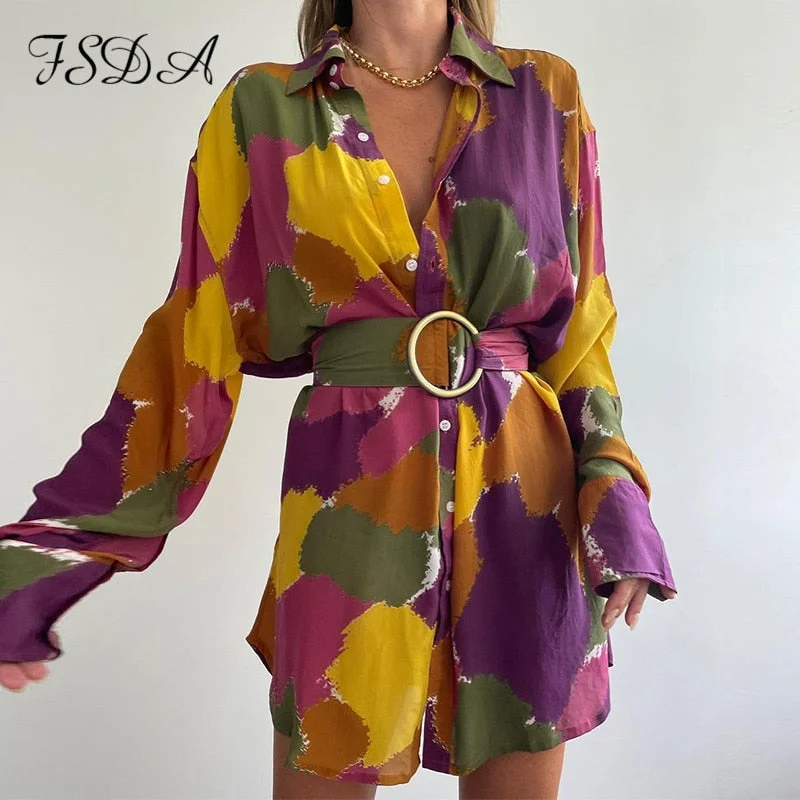 FSDA 2021 Floral Print Long Sleeve Dress Women A Line With Belt Beach Summer Spring Sexy V Neck Casual Mini Dresses Holiday