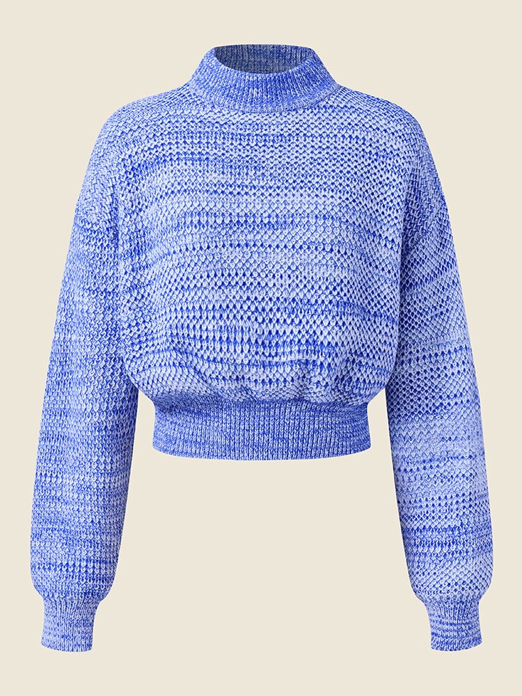 Women Marled Knit Half-collar Long Sleeve Crop Sweater - BlackFridayBuys