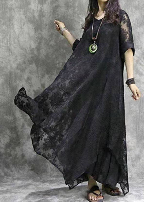 French Black V Neck asymmetrical Floral design Dress Spring CK1864- Fabulory