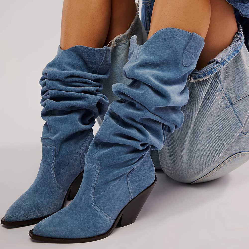Blue Denim Pointed Toe Chunky Heel Over-the-Knee Slouch Boots Nicepairs
