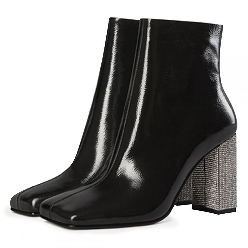 Trendy Black Square Toe Sparkly Chunky Heel Ankle Boots with Zip Nicepairs