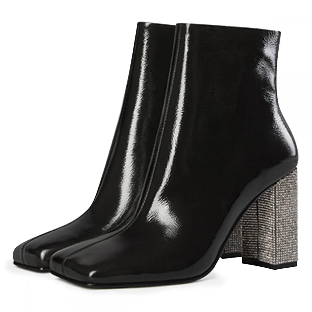 Black  Square Toe Booties Glitter Heel Ankle Boots Nicepairs
