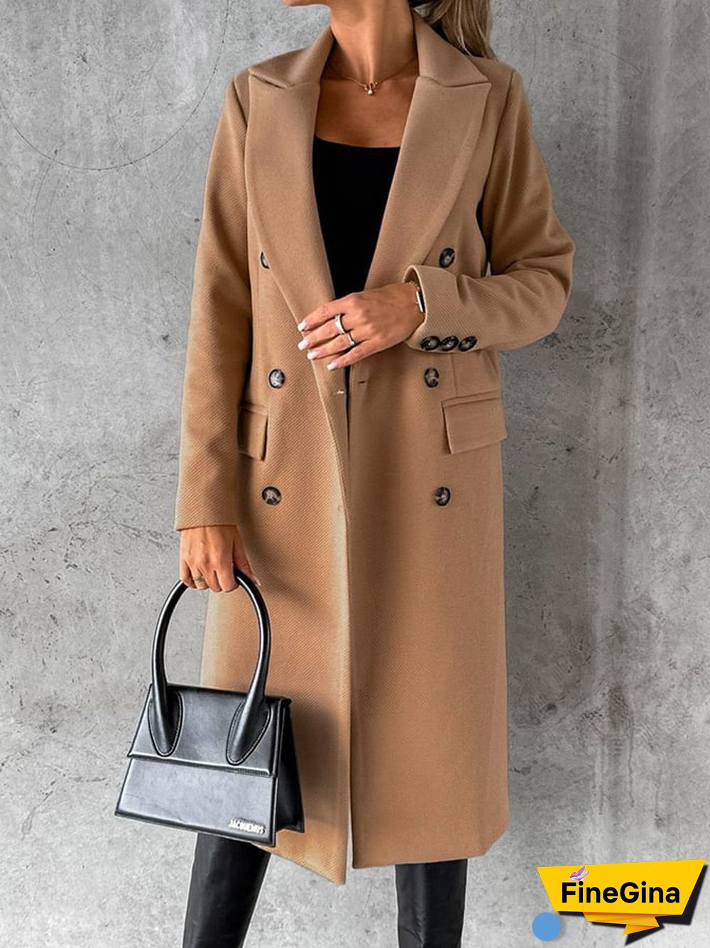 Fashion Lapel Double-Breasted Solid Color Long-Sleeved Coat Coat