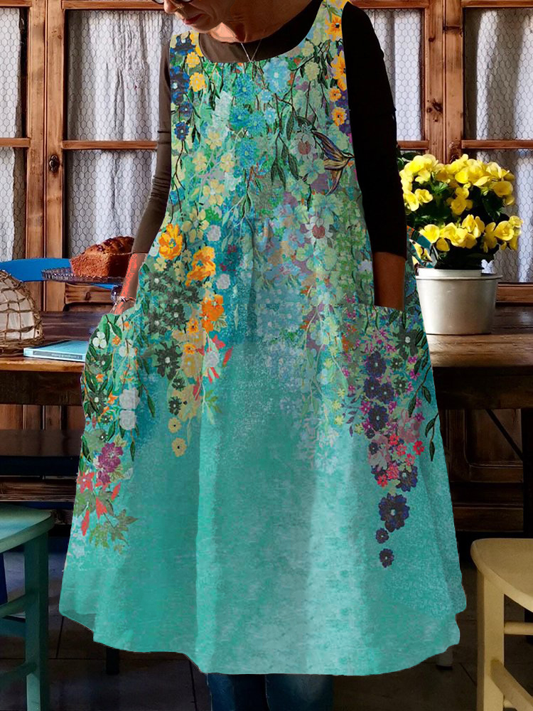 Green Floral Art Print Pinafore Midi Dress  artssus