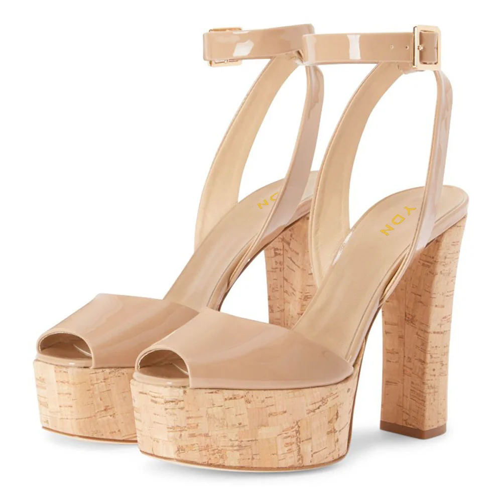 Nude Patent Peep Toe Platform Buckle Ankle Strap Chunky Sandals