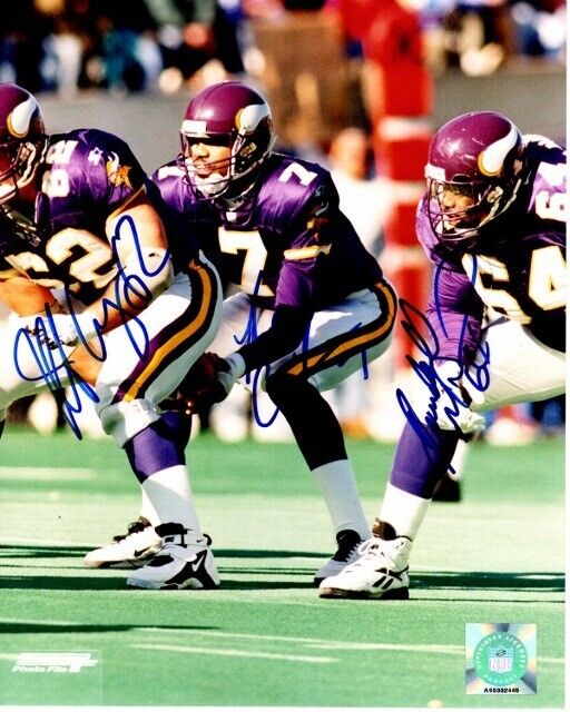 Randall Cunningham Jeff Christy Randall McDaniel Signed Minnesota Vikings Photo Poster painting