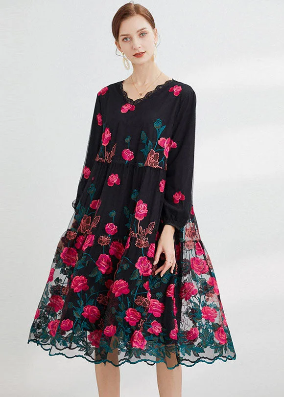 Rose Floral Tulle Maxi Dress O-Neck Embroideried Long Sleeve