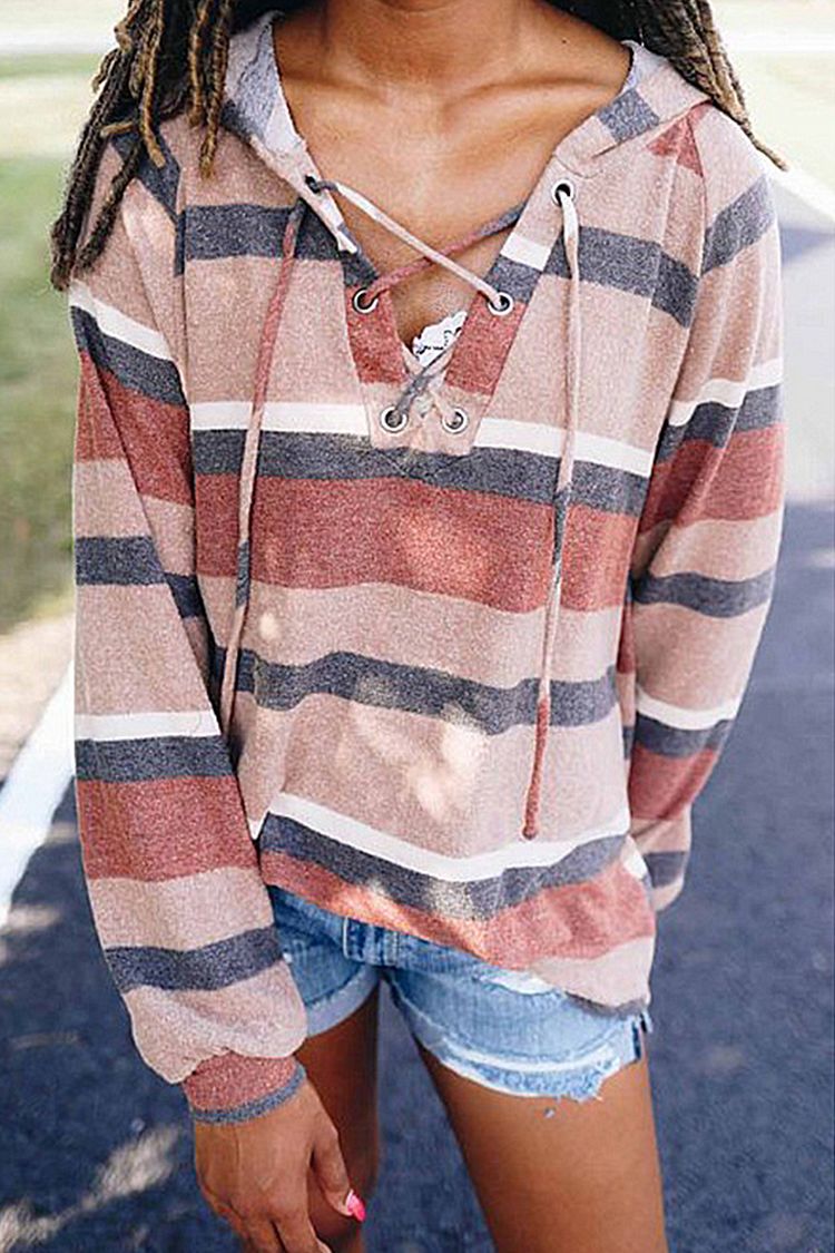Casual Striped Draw String Hooded Collar Tops - Life is Beautiful for You - SheChoic