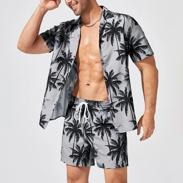 BrosWear Men Palm Tree Print Shirt And Short Co-Ord