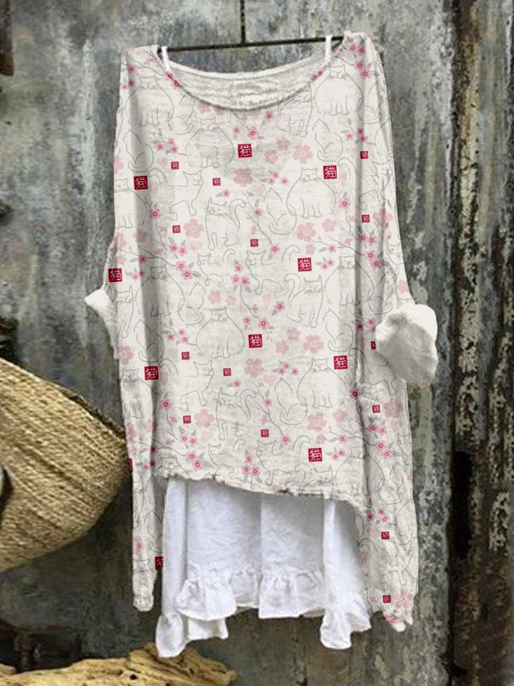 Cherry Blossom & Cat Japanese Art Linen Blend Tunic