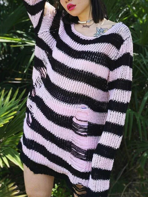 Brownm Distressed Stripe Longline Sweater