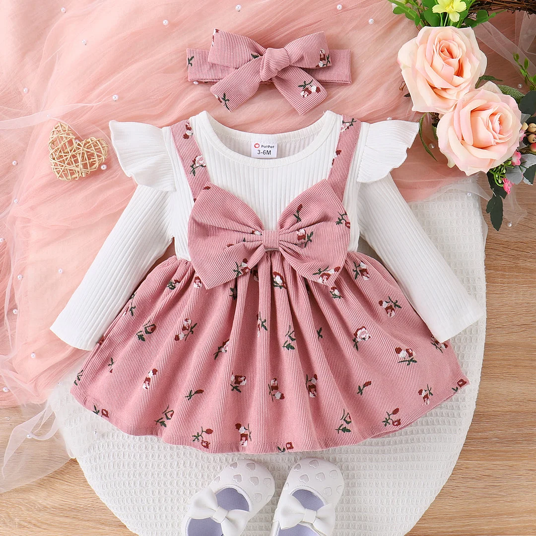 2pcs Baby Girl 95% Cotton Ribbed Button Front Spaghetti Strap Splicing Floral Print Dress with Headband Set