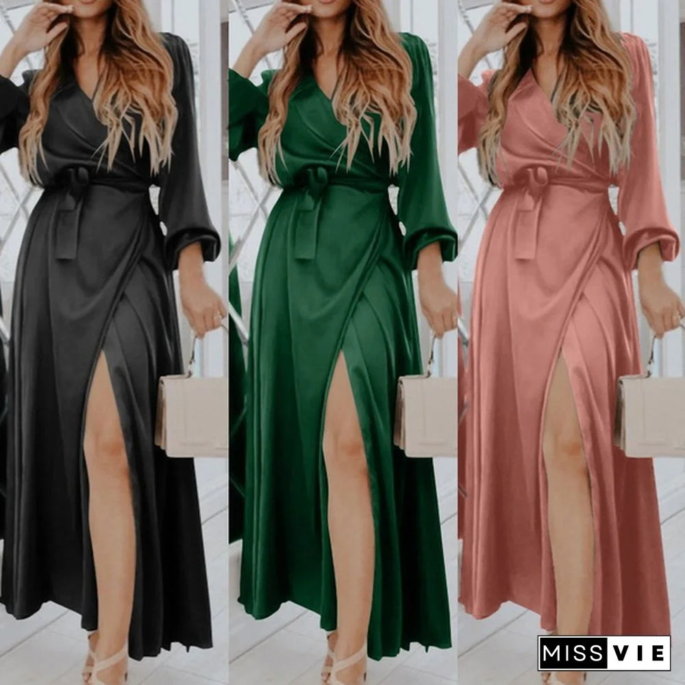 Women Elegant Long Wrap Dress Puff Long Sleeve V Neck Bandage Party Casual Silk Stain Maxi Dress Vestidos