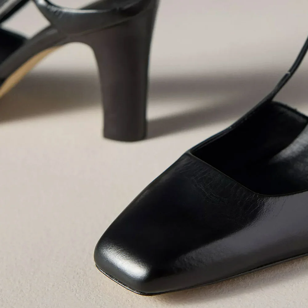Elegant Square Toe Slingback Chunky High Heeled Black Pumps for Women