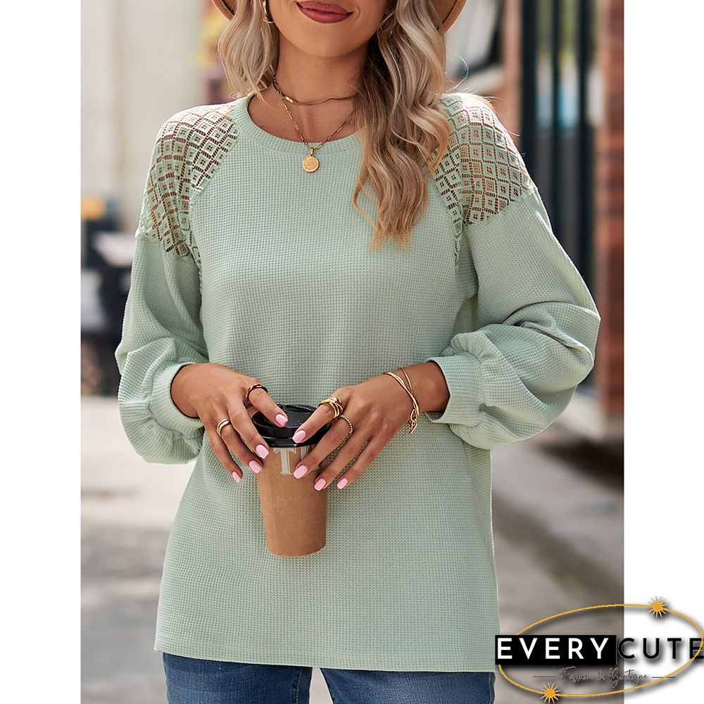 Pea Green Waffle Splicing Lace Round Neck Long Sleeve Tops