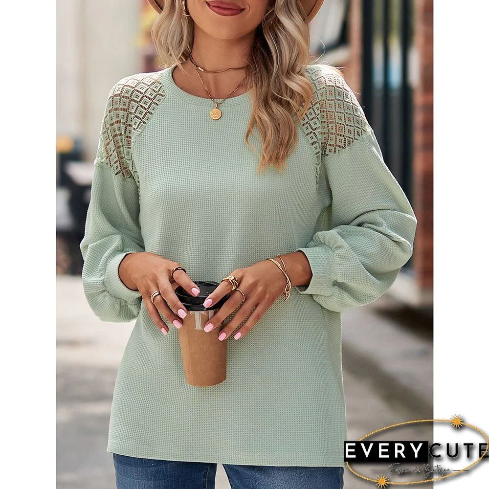 Pea Green Waffle Splicing Lace Round Neck Long Sleeve Tops