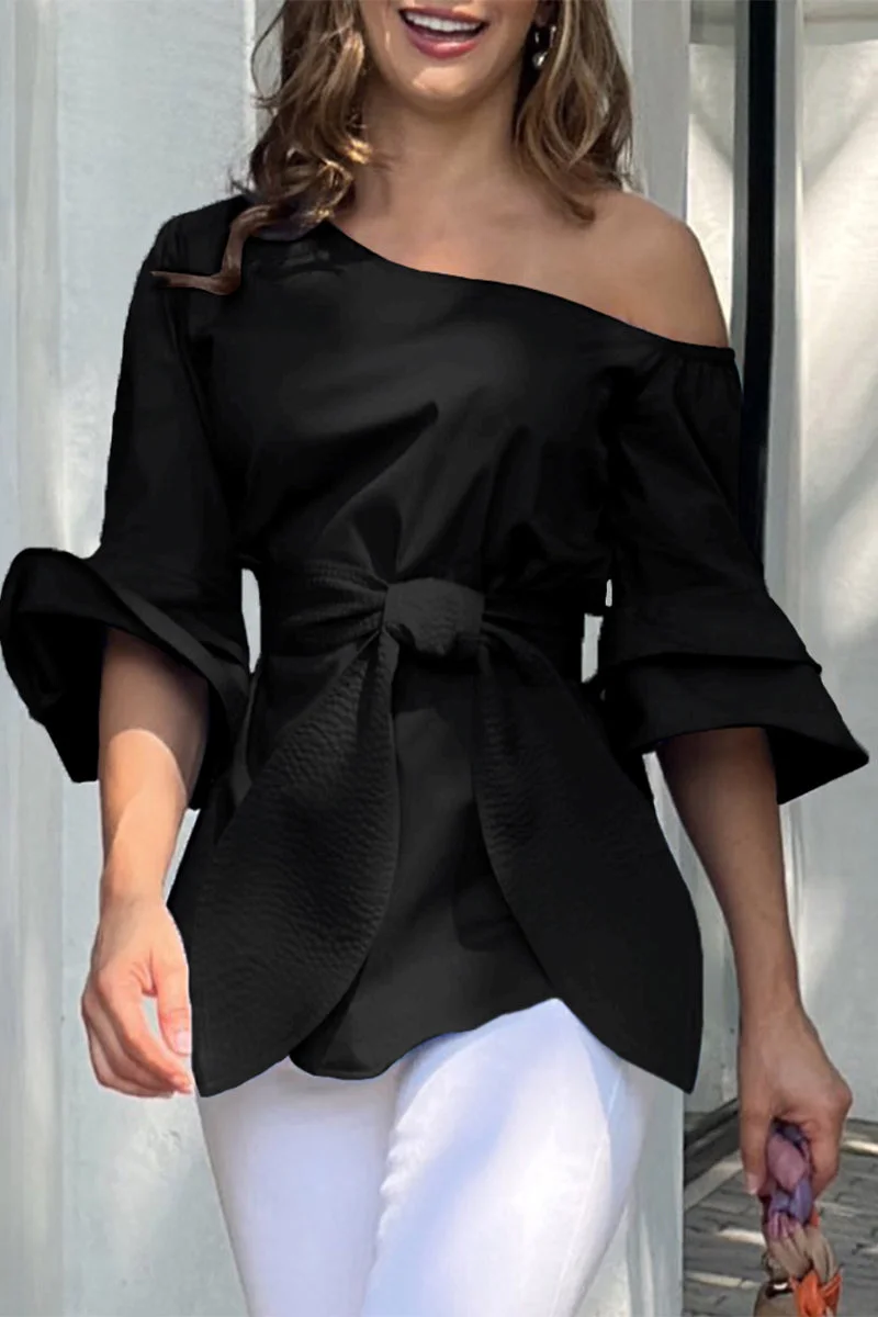 Casual Street Solid Bandage Oblique Collar Tops(4 Colors)