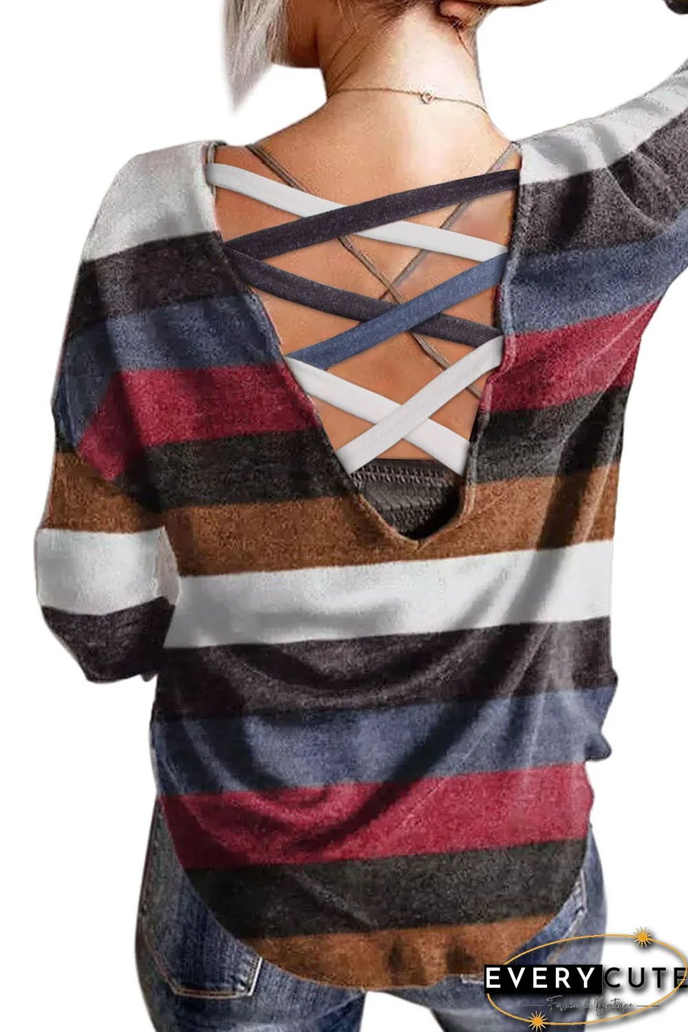 Striped Crisscross Back Long Sleeve Top